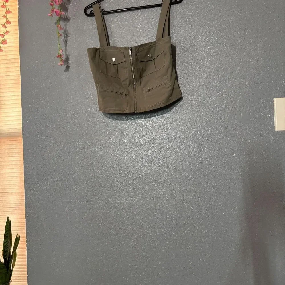 White Fox Olive Green Utility Cargo Corset Crop Top Mini Skirt Set M